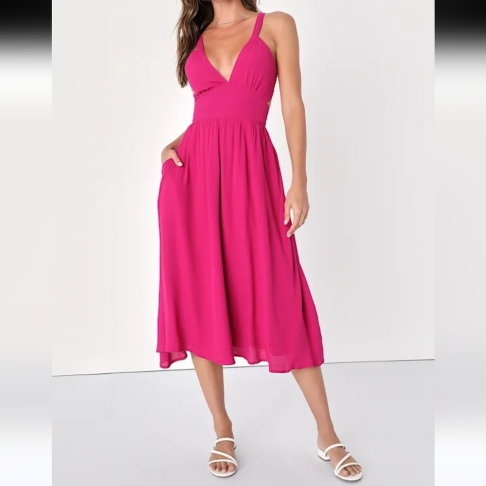 Lulus Midi Dress Pink/ Fuchia S NWT Tie-back